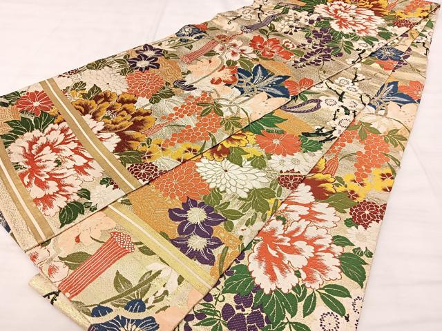 平和屋着物◎アンティーク 大正ロマン 丸帯 草花文 金糸 正絹 逸品 BAAX5290qw