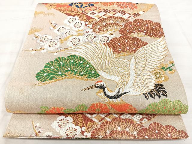 平和屋着物◎アンティーク 大正ロマン 両面 丸帯 飛鶴花文 金糸 BAAX5291qw