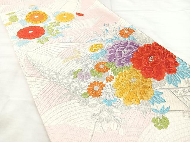 平和屋着物◎六通柄袋帯 唐織 花舟文 銀糸 正絹 逸品 BAAX5321qw