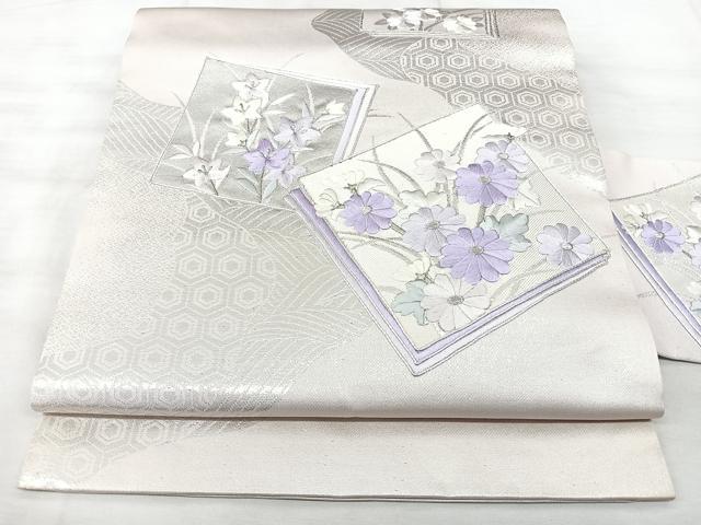 平和屋着物◎九寸名古屋帯 駒刺繍 色紙花文 銀糸 正絹 逸品 BAAX5324qw