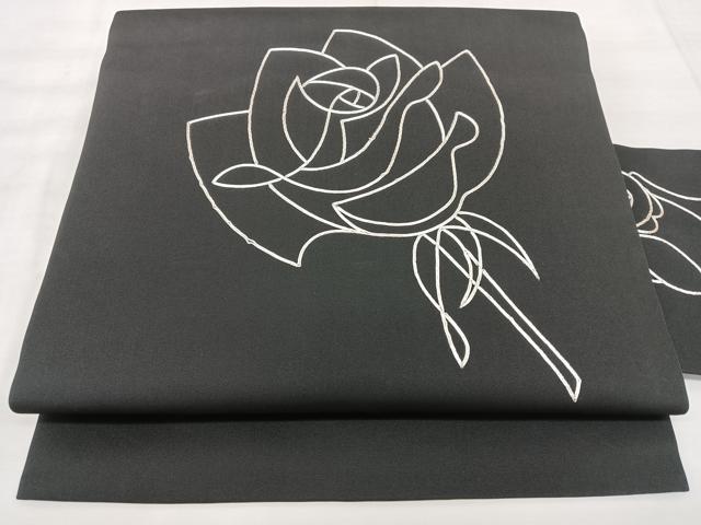 平和屋着物◎塩瀬 九寸名古屋帯 駒刺繍 薔薇 黒地 正絹 逸品 BAAX5327qw
