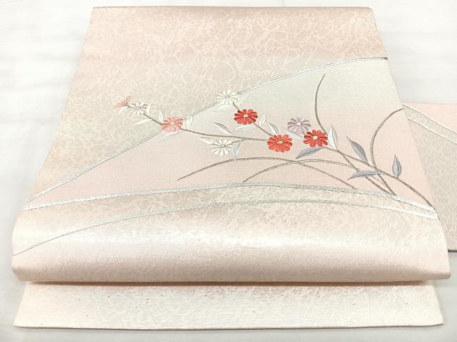 平和屋着物◎九寸名古屋帯 駒刺繍 草花文 銀糸 正絹 逸品 BAAX5330qw