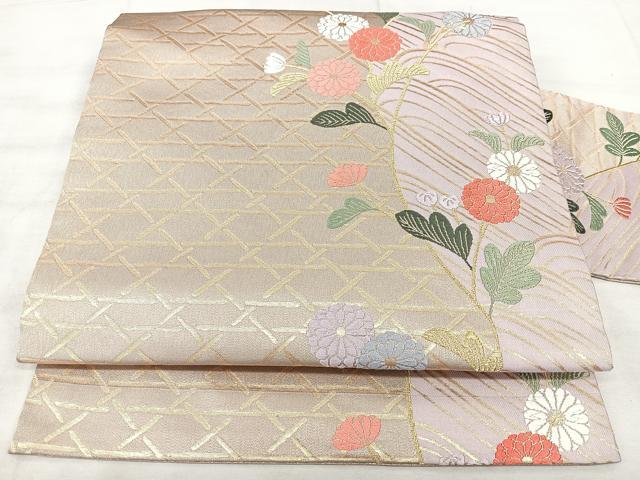平和屋着物◎九寸名古屋帯 唐織 立波花文 金糸 正絹 逸品 BAAX5338qw