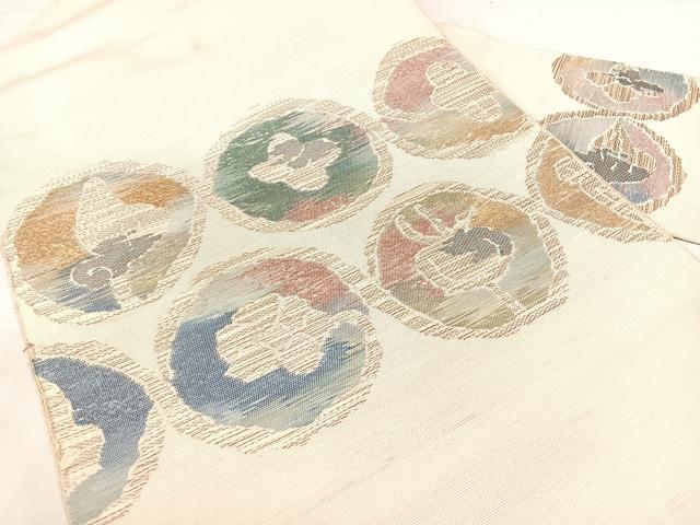 平和屋着物◎八寸名古屋帯 紬地 洋花丸文 正絹 逸品 BAAX5339qw