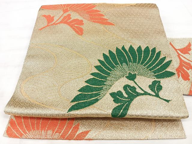 平和屋着物◎八寸名古屋帯 立波菊文 金糸 正絹 逸品 未使用 BAAX5343qw