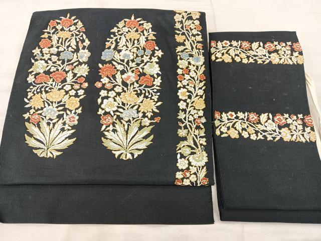 平和屋着物◎つけ帯 唐織 更紗花文 黒地 金糸 正絹 逸品 BAAX5348qw