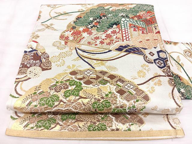 平和屋着物◎アンティーク 大正ロマン 全通柄 九寸名古屋帯 御所車扇花文 金糸 正絹 逸品 BAAX5357qw