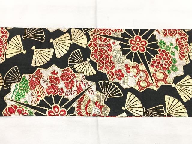 平和屋着物◎アンティーク 大正ロマン 全通柄 九寸名古屋帯 扇花文 黒地 金糸 正絹 逸品 BAAX5358qw