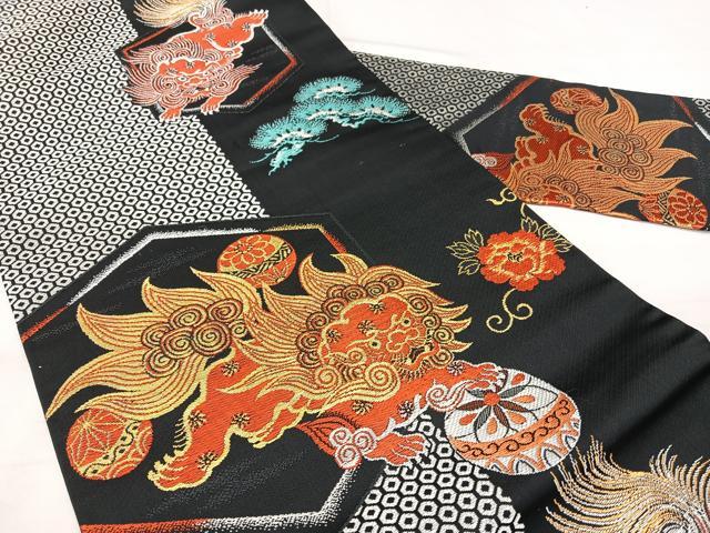 平和屋着物◎アンティーク 大正ロマン 九寸名古屋帯 唐獅子 黒地 金糸 正絹 逸品 BAAX5360qw