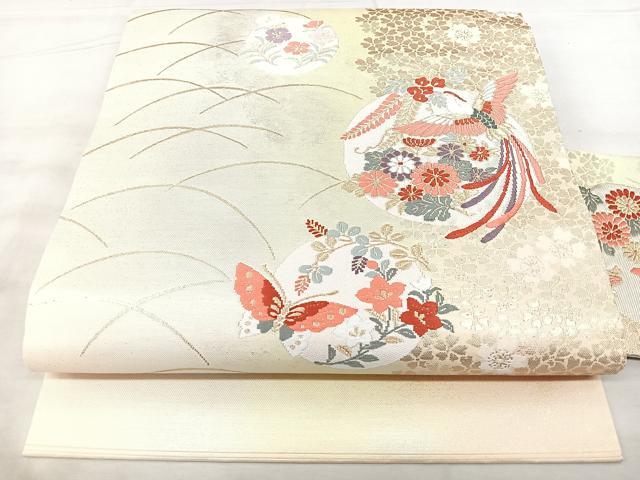 平和屋着物◎九寸名古屋帯 唐織 花鳥丸文 金糸 正絹 逸品 BAAX5381qw