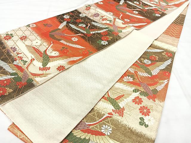 平和屋着物◎佐賀錦 六通柄袋帯 唐織 飛鶴花文 金糸 正絹 逸品 BAAY5001qw