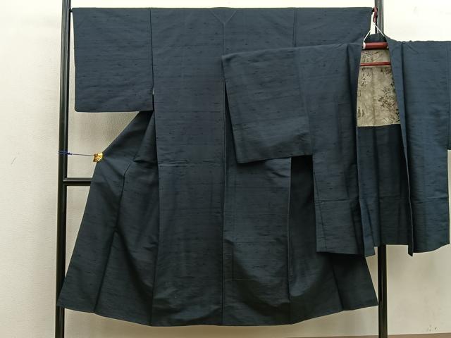 平和屋着物■男性 紬 アンサンブル 黒緑色 正絹 逸品 BAAX5402mz