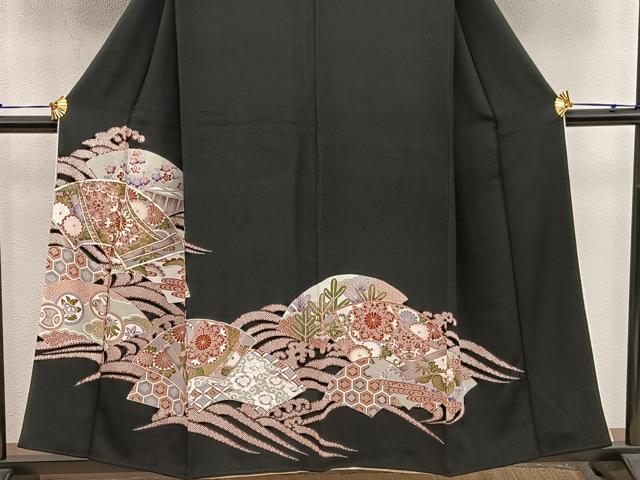 平和屋着物■豪華黒留袖 駒刺繍 地紙花文 正絹 逸品 BAAX5410mz