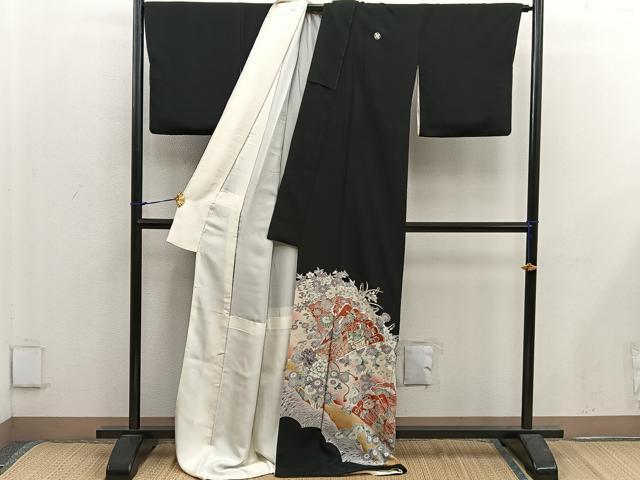 平和屋着物■豪華黒留袖 駒刺繍 檜扇花鳥文 暈し染め 金彩 正絹 逸品 BAAX5411mz