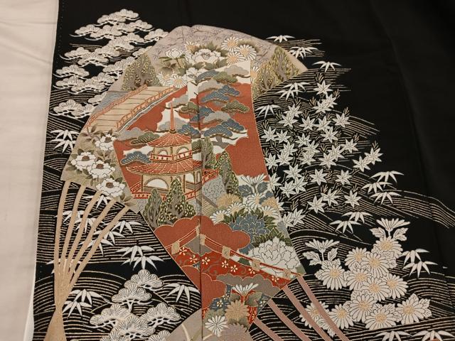 平和屋着物■豪華黒留袖 扇面風景文 金彩 正絹 逸品 BAAX5415mz