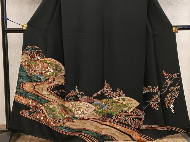 平和屋着物■豪華黒留袖 駒刺繍 地紙重ね風景花文 さが美扱い 正絹 逸品 BAAX5416mz
