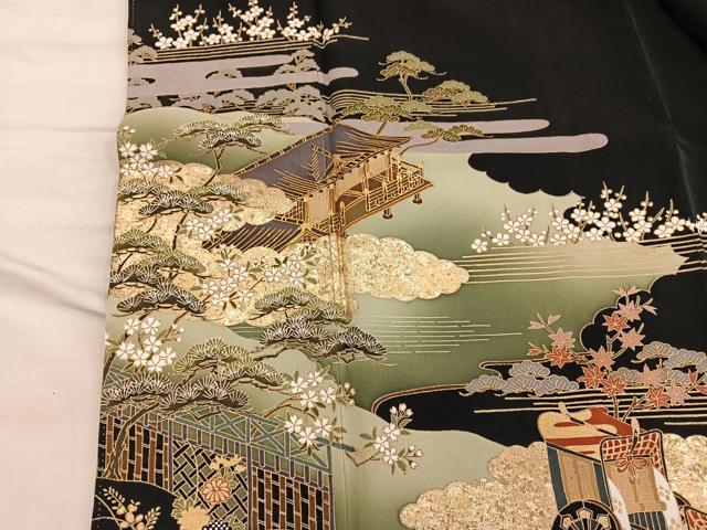 平和屋着物■豪華黒留袖 御所車風景花文 金彩 正絹 逸品 BAAX5421mz
