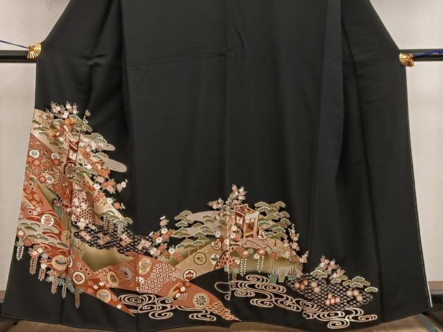 平和屋着物■豪華黒留袖 駒刺繍 御所車飛鶴文 暈し染め 金彩 正絹 逸品 BAAX5424mz