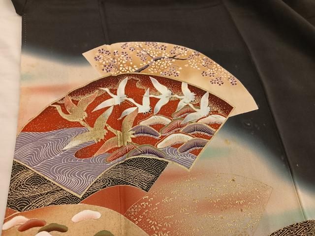 平和屋着物■豪華黒留袖 地紙重ね飛鶴花文 暈し染め 金彩 正絹 逸品 BAAX5428mz