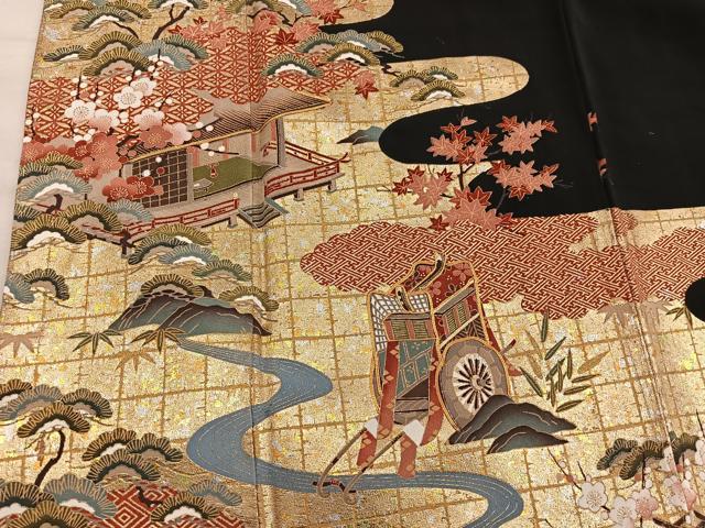 平和屋着物■豪華黒留袖 駒刺繍 御所車風景花文 金彩 正絹 逸品 BAAX5429mz