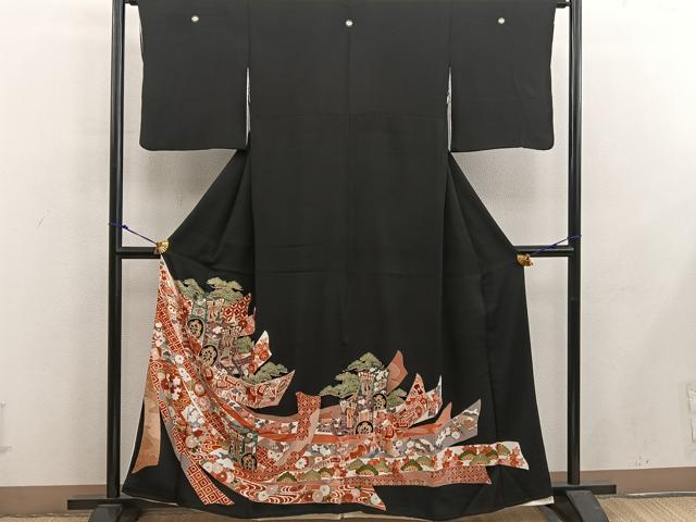 平和屋着物■豪華黒留袖 宝尽くし御所車花文 金彩 正絹 逸品 BAAX5432mz