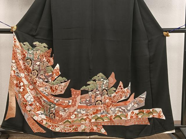 平和屋着物■豪華黒留袖 宝尽くし御所車花文 金彩 正絹 逸品 BAAX5432mz