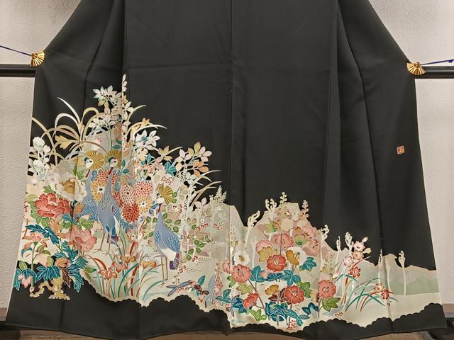 平和屋着物■豪華黒留袖 友禅 作家物 群鶴牡丹花文 正絹 逸品 BAAX5434mz