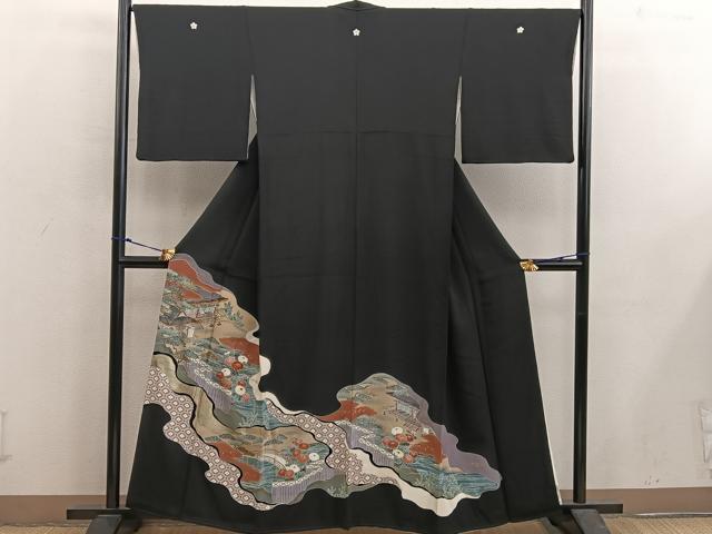 平和屋着物■豪華黒留袖 刺繍 風景花文 金彩 正絹 逸品 BAAX5463mz