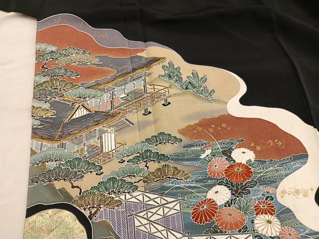 平和屋着物■豪華黒留袖 刺繍 風景花文 金彩 正絹 逸品 BAAX5463mz