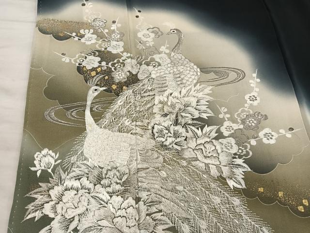 平和屋着物■豪華黒留袖 刺繍 孔雀花文 暈し染め 金彩 正絹 逸品 BAAX5493mz