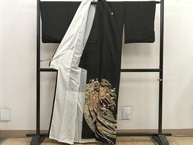 平和屋着物■豪華黒留袖 駒刺繍 御所車花文 正絹 逸品 BAAX5499mz