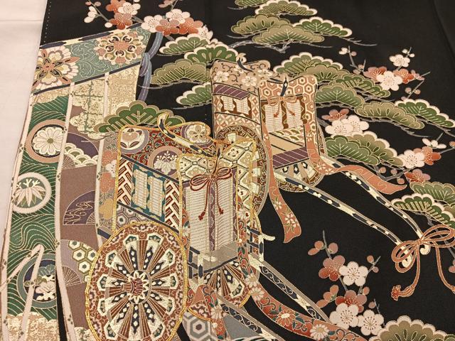 平和屋着物■豪華黒留袖 駒刺繍 御所車花文 正絹 逸品 BAAX5499mz