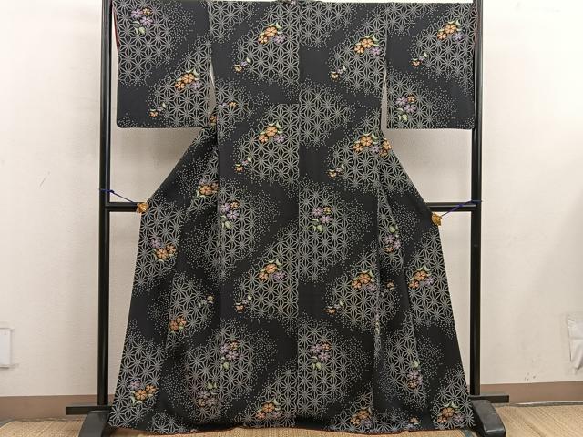 平和屋着物■上質な小紋 草花文 黒地 正絹 逸品 BAAX5602mz