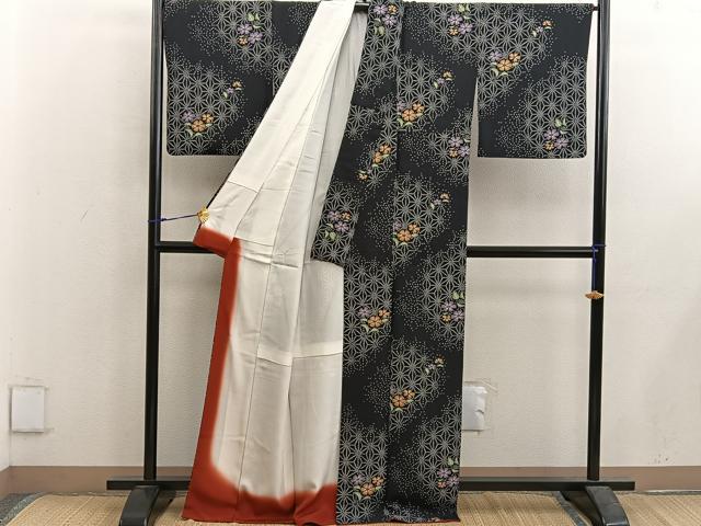 平和屋着物■上質な小紋 草花文 黒地 正絹 逸品 BAAX5602mz