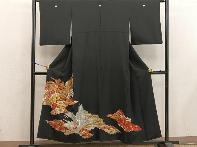 平和屋着物■豪華黒留袖 刺繍 飛鶴花文 金銀糸 正絹 逸品 BAAX5667mz