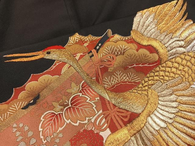 平和屋着物■豪華黒留袖 刺繍 飛鶴花文 金銀糸 正絹 逸品 BAAX5667mz