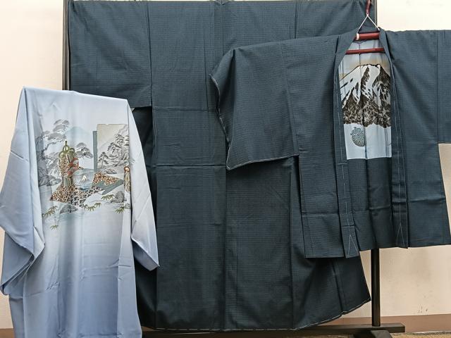 平和屋着物●男性 紬 アンサンブル キングサイズ 襦袢セット 絣文様 正絹 逸品 未使用 BAAX5772mz