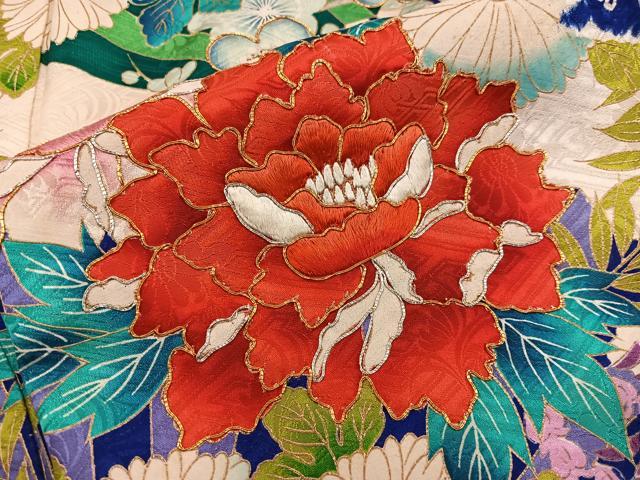 平和屋着物■豪華振袖 駒刺繍 檜扇牡丹花文 正絹 逸品 BAAX5778mz