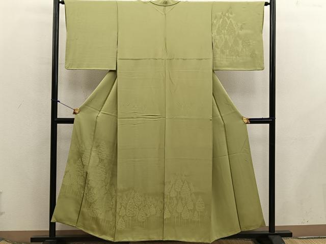 平和屋着物■無地絵羽訪問着 樹林地紋 青朽葉色 正絹 逸品 BAAX5797mz