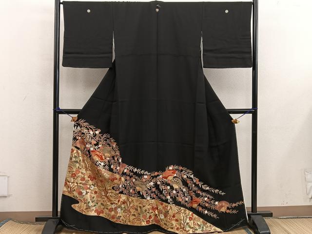 平和屋着物■豪華黒留袖 駒刺繍 扇面花文 金彩 正絹 逸品 BAAX5824mz