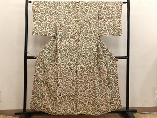 平和屋着物■上質な小紋 更紗花文 鬼しぼ縮緬 正絹 逸品 BAAX5888mz