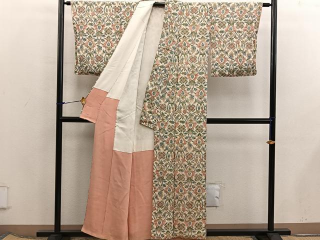 平和屋着物■上質な小紋 更紗花文 鬼しぼ縮緬 正絹 逸品 BAAX5888mz