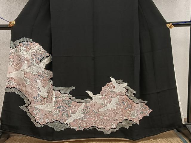 平和屋着物■豪華黒留袖 刺繍 飛鶴花文 金糸 正絹 逸品 BAAX5954mz