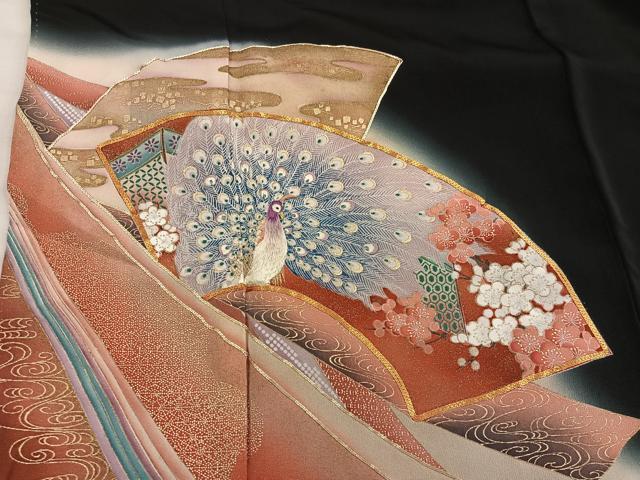 平和屋着物■豪華黒留袖 駒刺繍 萬寿染 地紙孔雀花文 暈し染め 金彩 正絹 逸品 BAAX5979mz