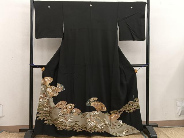 平和屋着物■豪華黒留袖 扇面鴛鴦花文 金彩 正絹 逸品 BAAX5982mz