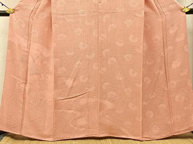 平和屋着物■無地絵羽訪問着 流水桐菊文 珊瑚色 正絹 逸品 BAAX6019hj
