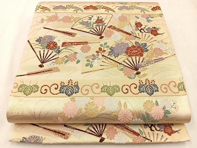 平和屋着物◎六通柄袋帯 唐織 光悦錦 シルクロード 扇面花文 金糸 正絹 逸品 未使用 BAAX6056hj