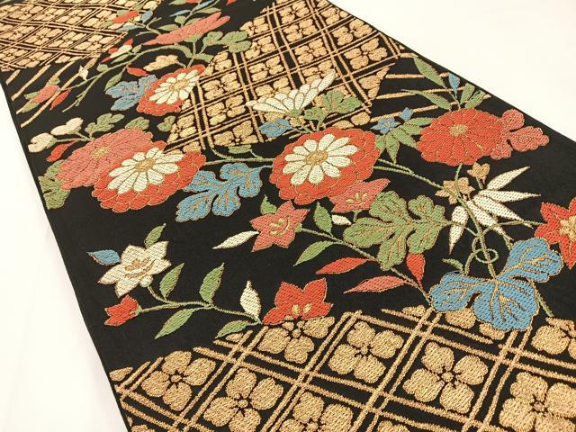 平和屋着物◎六通柄袋帯 唐織 扇面菊花文 黒地 金糸 正絹 逸品 BAAX6098hj