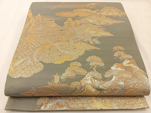 平和屋着物◎六通柄袋帯 飛鶴風景文 金銀糸 正絹 逸品 未使用 BAAX6105hj