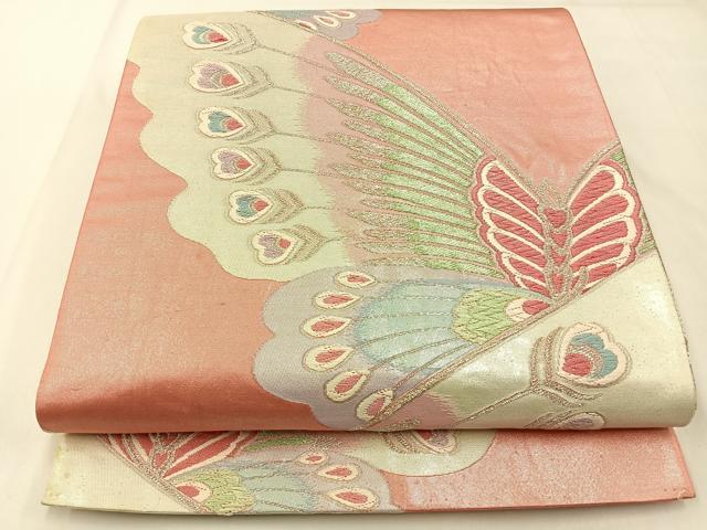 平和屋着物◎両面 全通柄袋帯 唐織 舞蝶文 銀糸 正絹 逸品 BAAX6106hj